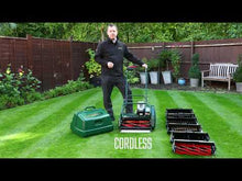 Load and play video in Gallery viewer, Allett Liberty 43 Battery Powered Quick Change Cartridge Reel Mower with 6 Blade Cutting Cylinder